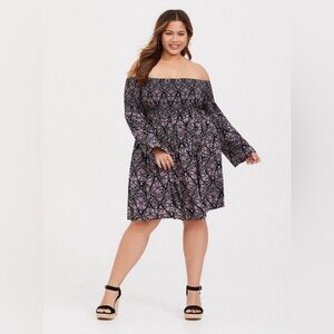 Torrid Mini Challis Off Shoulder Smock Skater Dress in Black Medallion Floral 4X